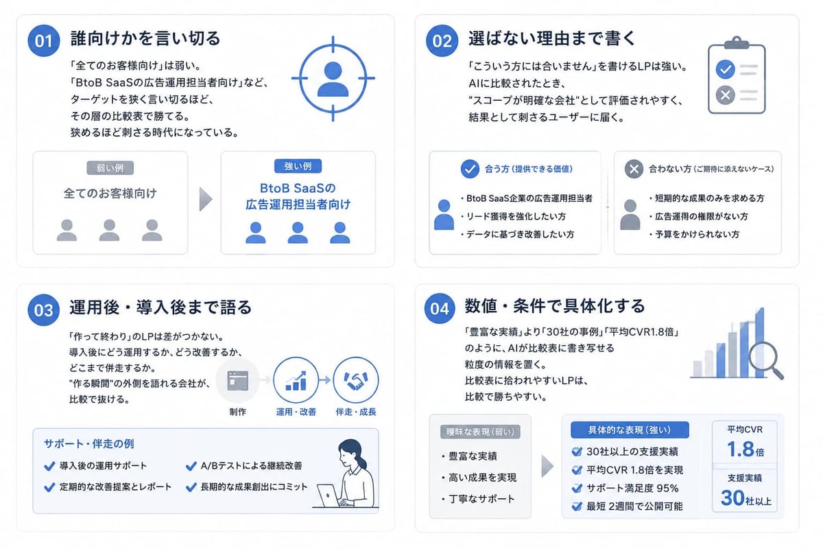 比較で選ばれるLPの4つの加点要素。01 誰向けかを言い切る、02 選ばない理由まで書く、03 運用後・導入後まで語る、04 数値・条件で具体化する（例：平均CVR 1.8倍、支援実績30社以上）